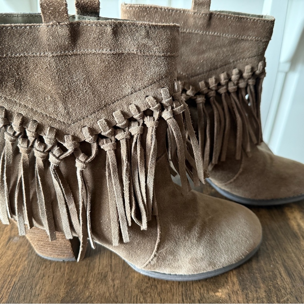 Sbicca Fringe Suede Ankle Booties - Tan